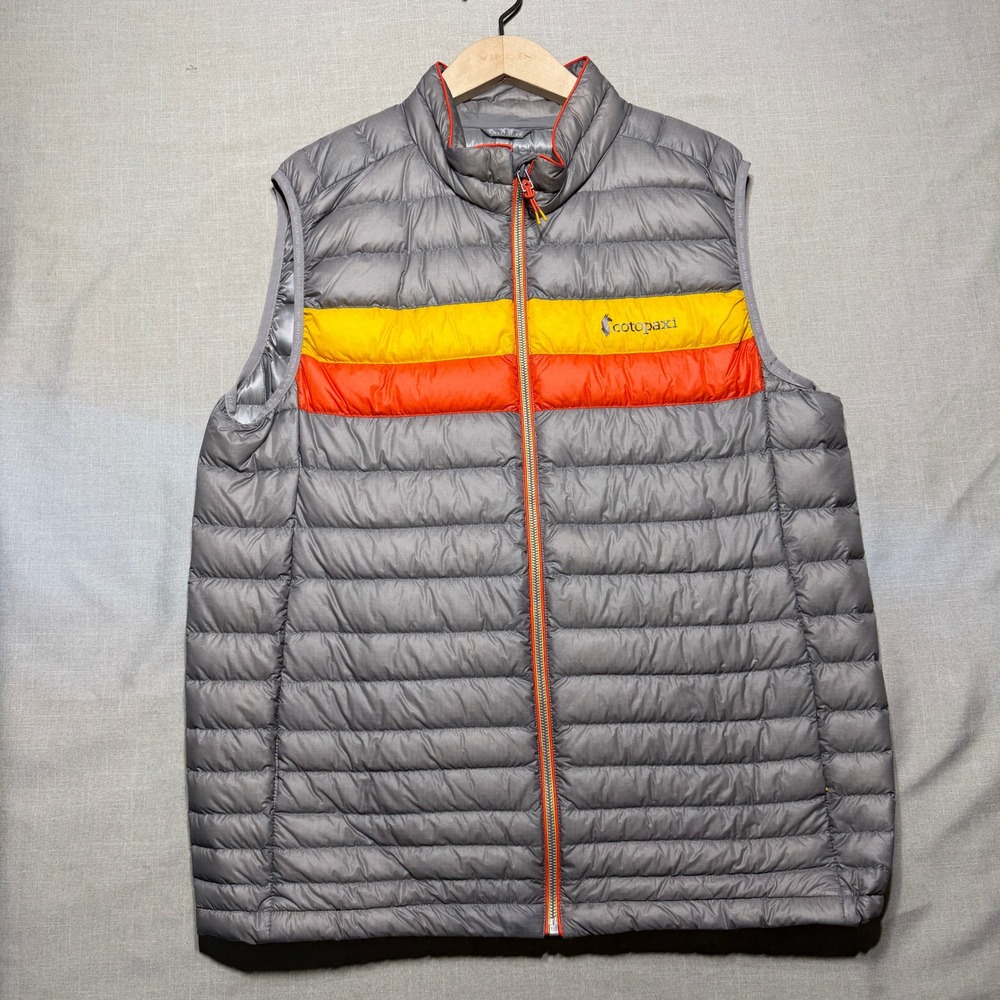 Cotopaxi Fuego Down Vest Mens XL Gray Striped Fuego 800-Fill Goose Down Puffer